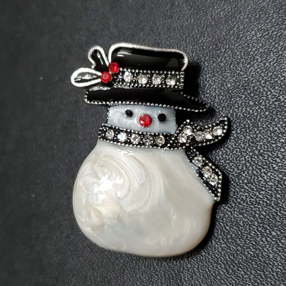 Silver tone enamel snowman brooch